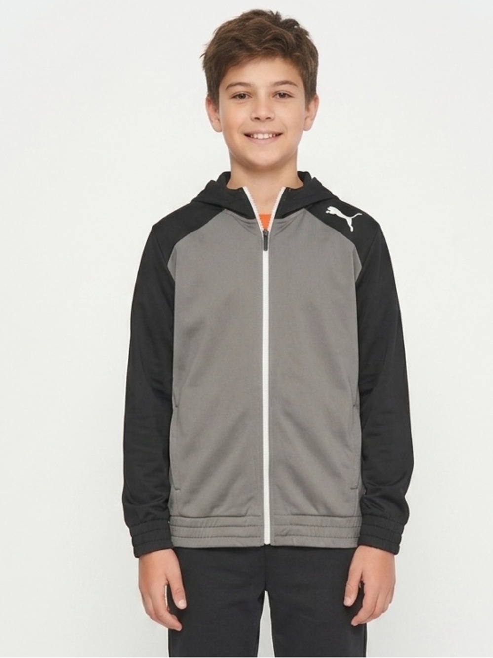 Puma Black Gray Full-Zip Hooded Activewear Athleisure Performance Jacket Boy L